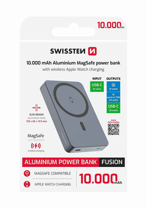 Swissten Fusion MagSafe Powerbank 10.000 mAh – Stijlvolle Zilveren Oplader voor Jouw Smartphone - Laad Centrum