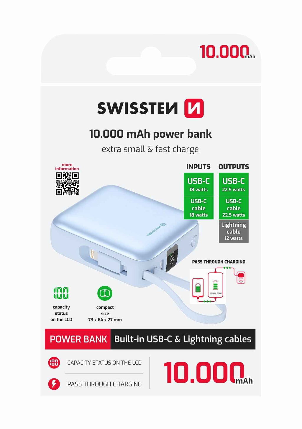 Swissten Space Powerbank 10.000 mAh – Roze | USB-C & Lightning Kabels
