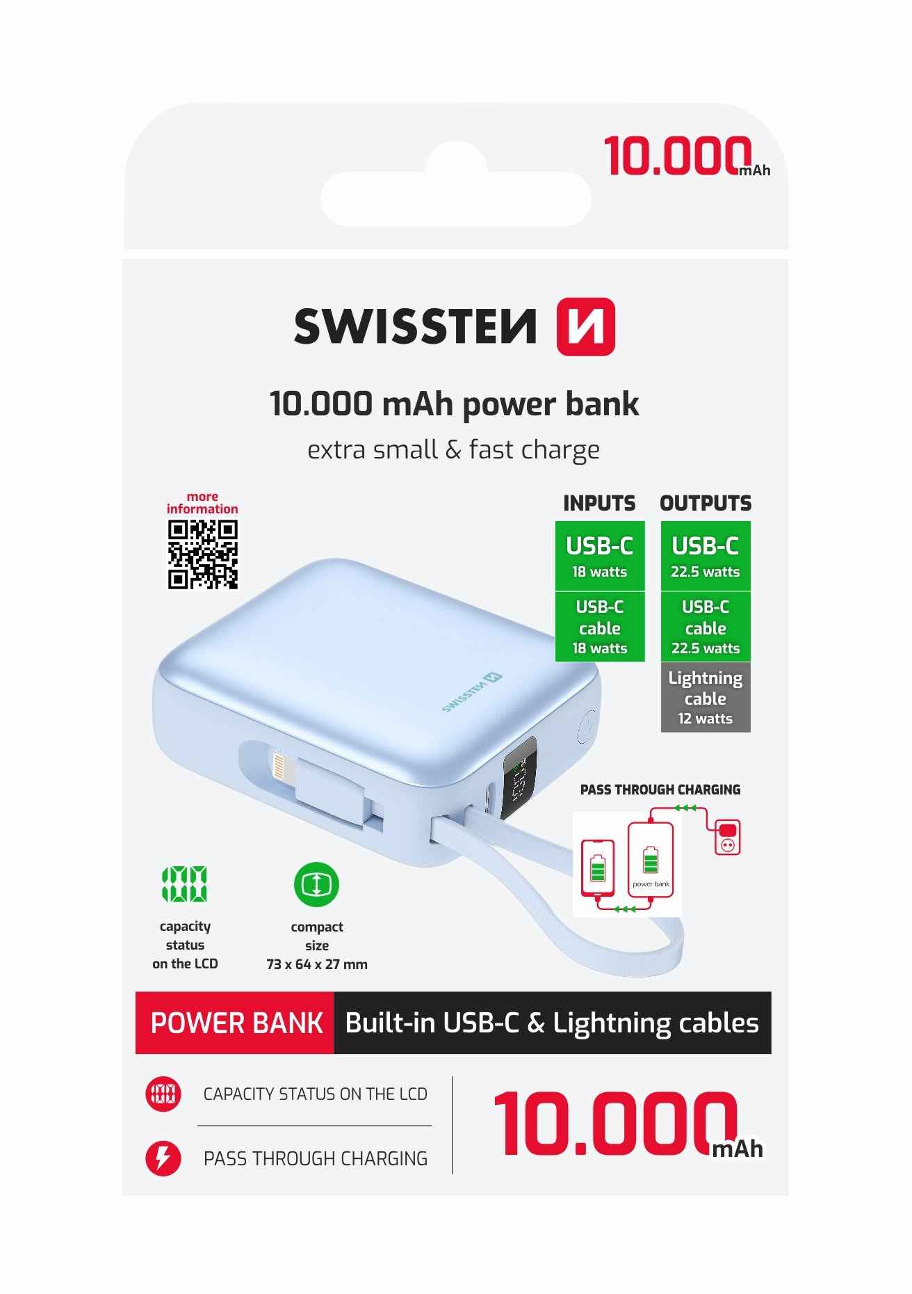 Swissten Space Powerbank 10.000 mAh – Roze | USB-C & Lightning Kabels