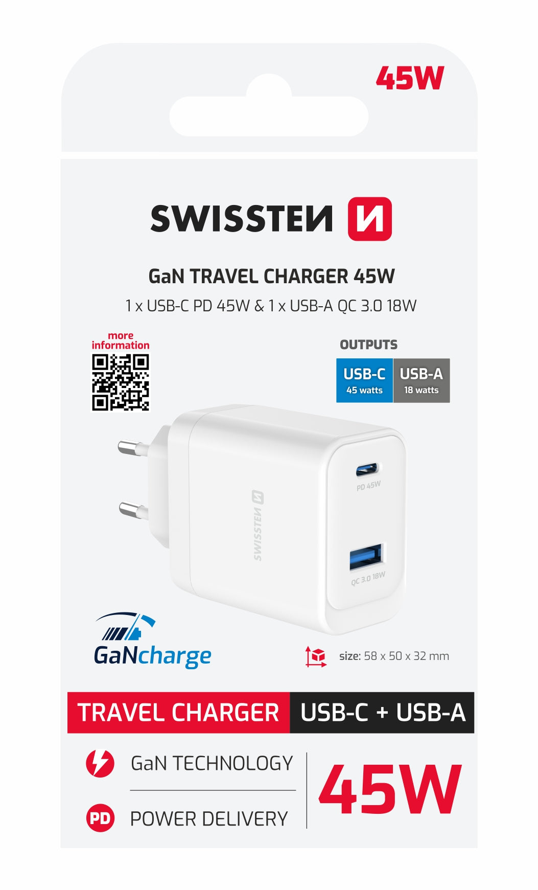 Swissten Core 45W GaN-Ladegerät – Weiß – 22071330