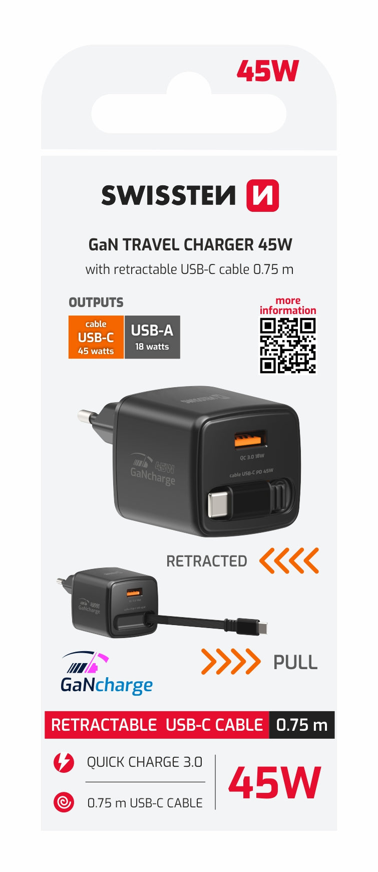 Swissten SlideCharge 45W Ladegerät mit einziehbarem USB-C-Kabel – Schwarz