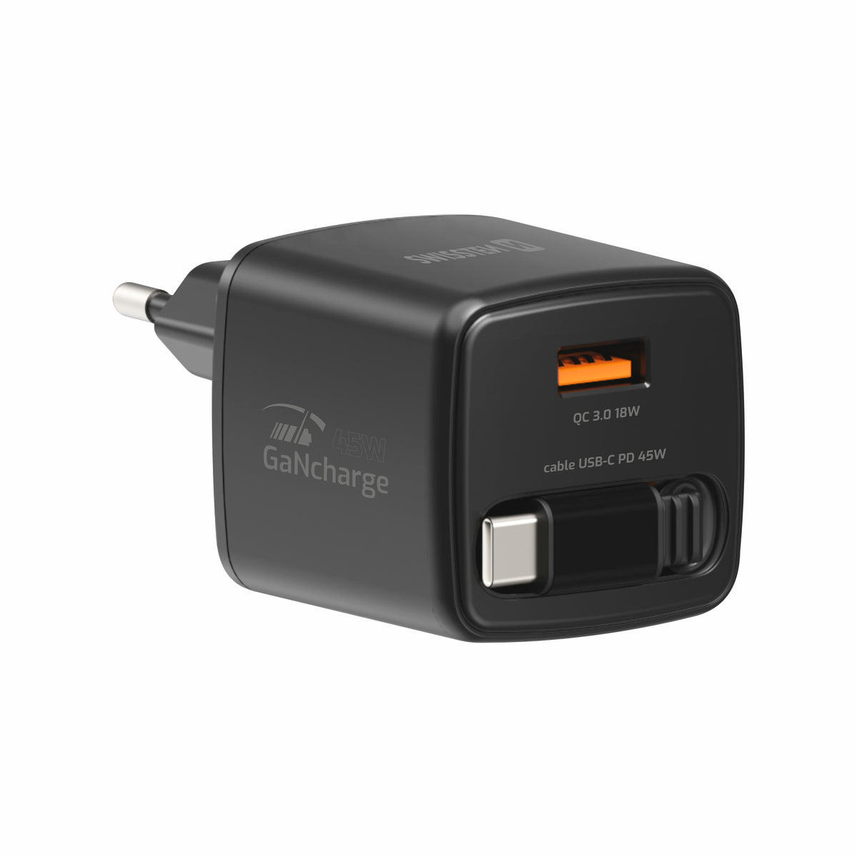 Swissten SlideCharge 45W Ladegerät mit einziehbarem USB-C-Kabel – Schwarz