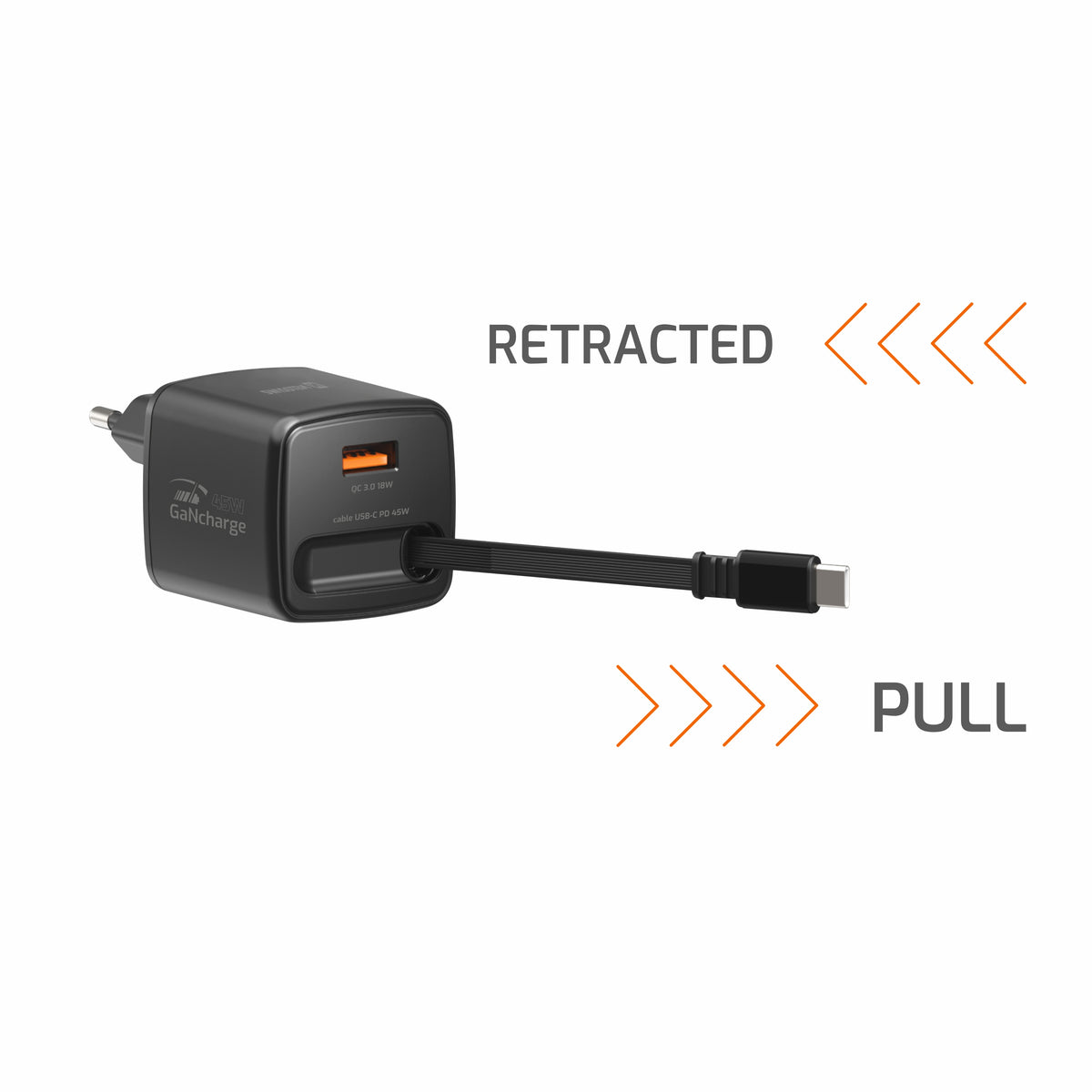 Swissten SlideCharge 45W Ladegerät mit einziehbarem USB-C-Kabel – Schwarz