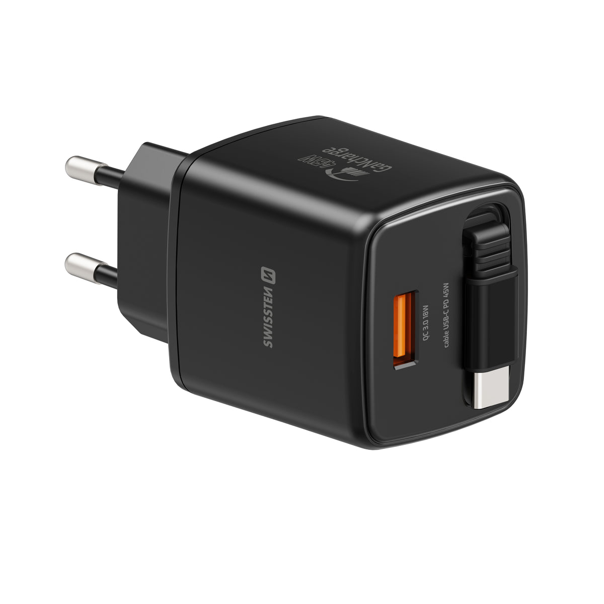 Swissten SlideCharge 45W Ladegerät mit einziehbarem USB-C-Kabel – Schwarz