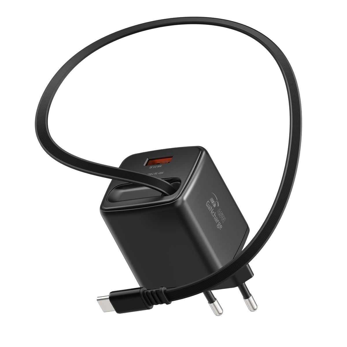 Swissten SlideCharge 45W Ladegerät mit einziehbarem USB-C-Kabel – Schwarz