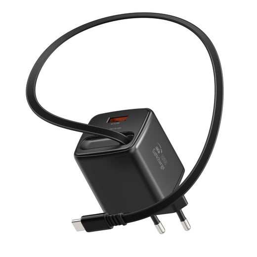 Swissten SlideCharge 45W Ladegerät mit einziehbarem USB-C-Kabel – Schwarz
