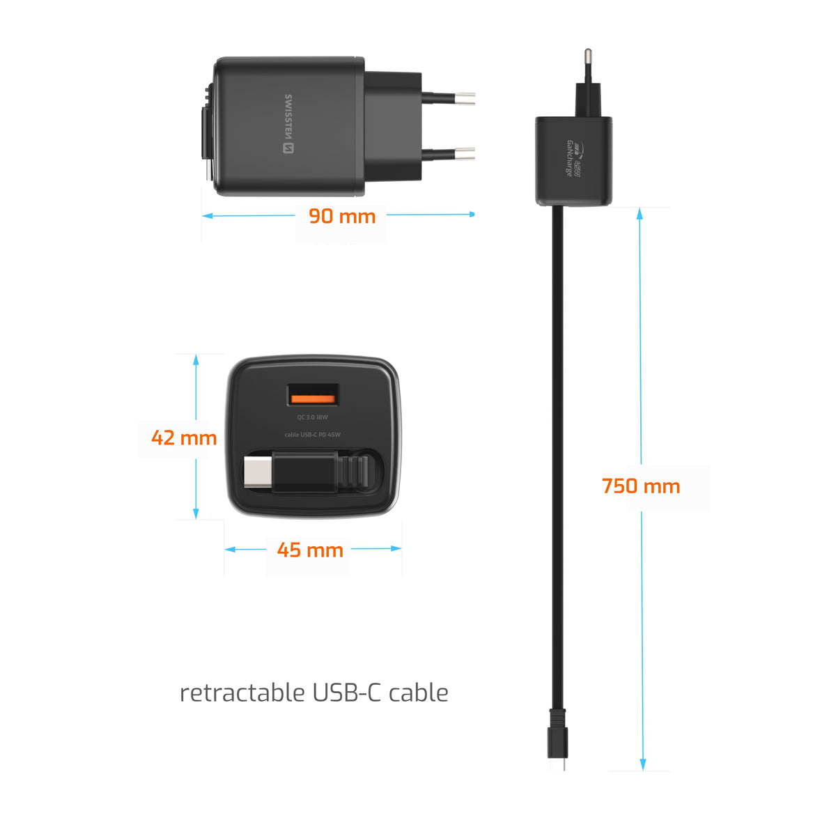 Swissten SlideCharge 45W Ladegerät mit einziehbarem USB-C-Kabel – Schwarz