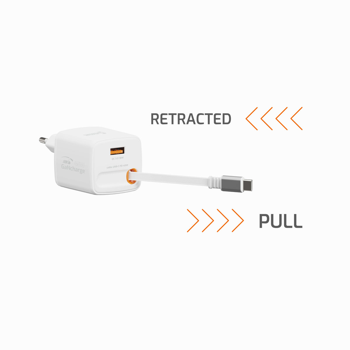 Swissten SlideCharge 45W Ladegerät mit einziehbarem USB-C-Kabel – Weiß