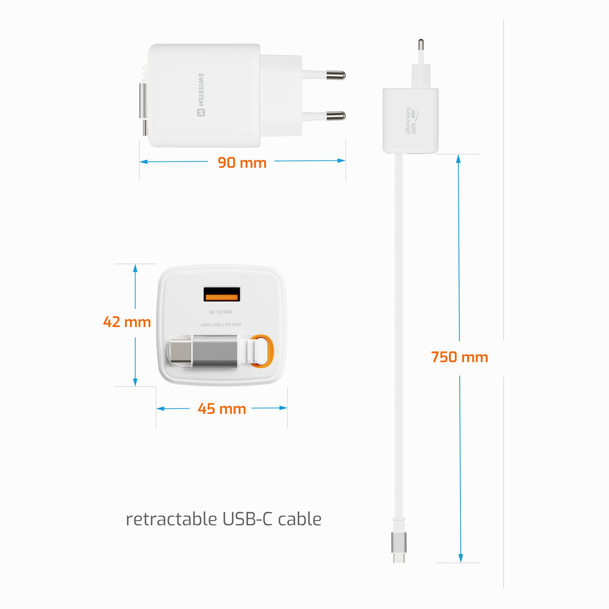 Swissten SlideCharge 45W Ladegerät mit einziehbarem USB-C-Kabel – Weiß