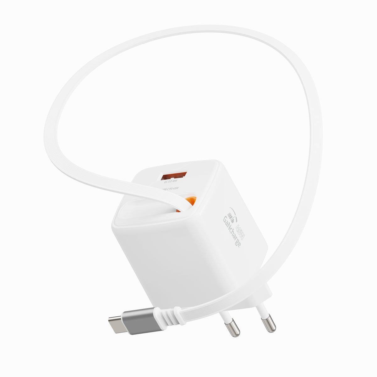 Swissten SlideCharge 45W Ladegerät mit einziehbarem USB-C-Kabel – Weiß