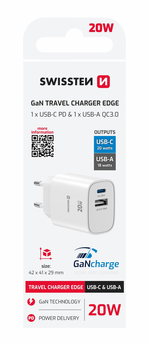 Swissten Edge USB-C + USB-A Travel Charger 20W GaN – Wit – 22071713