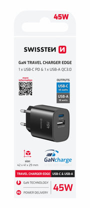 Swissten Edge 45W GaN-Ladegerät mit USB-C und USB-A – Schwarz