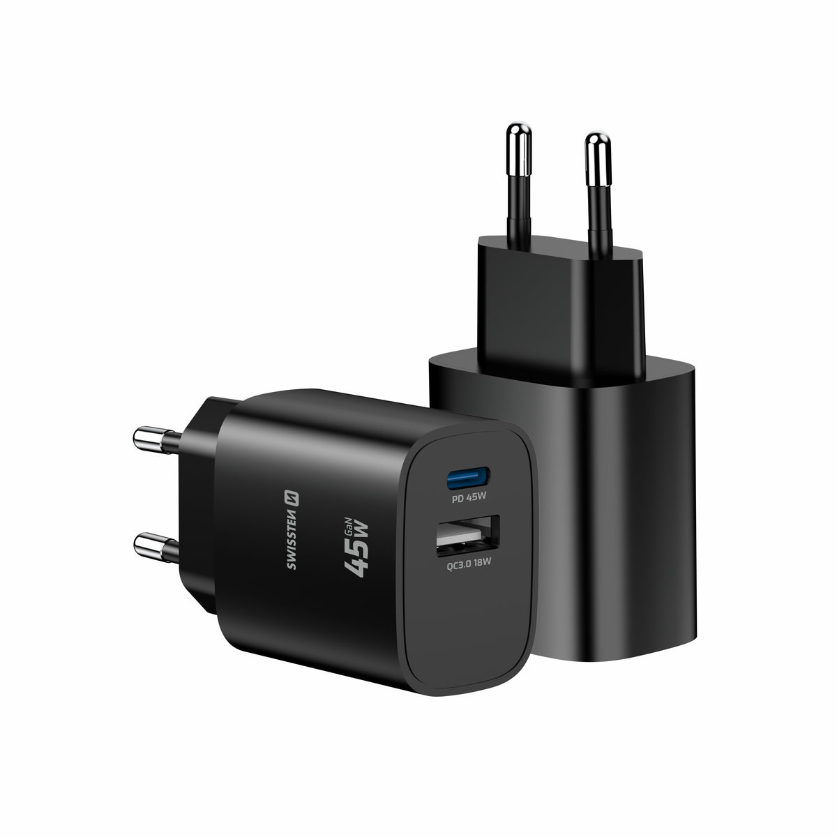 Swissten Edge 45W GaN-Ladegerät mit USB-C und USB-A – Schwarz