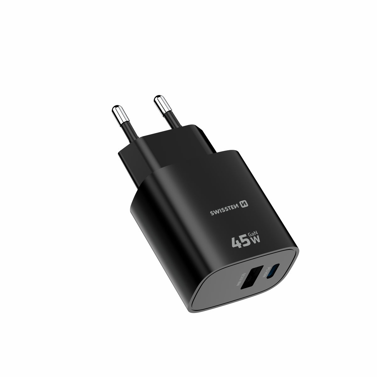 Swissten Edge 45W GaN-Ladegerät mit USB-C und USB-A – Schwarz