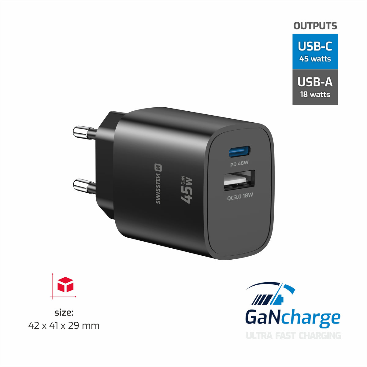 Swissten Edge 45W GaN-Ladegerät mit USB-C und USB-A – Schwarz