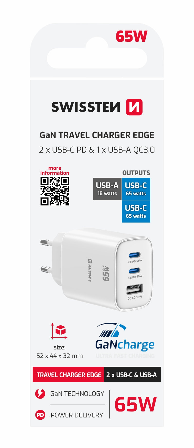 Swissten Edge 65W GaN-Ladegerät mit 2 USB-C-Ports und USB-A – Weiß