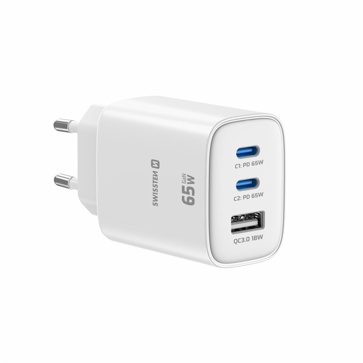 Swissten Edge 65W GaN-Ladegerät mit 2 USB-C-Ports und USB-A – Weiß