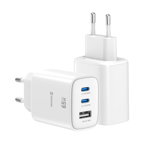 Swissten Edge 65W GaN-Ladegerät mit 2 USB-C-Ports und USB-A – Weiß