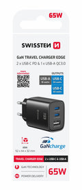 Swissten Edge Dual USB-C + USB-A Travel Charger 65W GaN – Zwart – 22071721