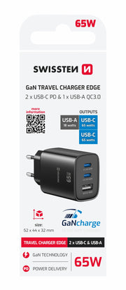 Swissten Edge 65W GaN-Ladegerät mit 2 USB-C-Ports und USB-A – Schwarz