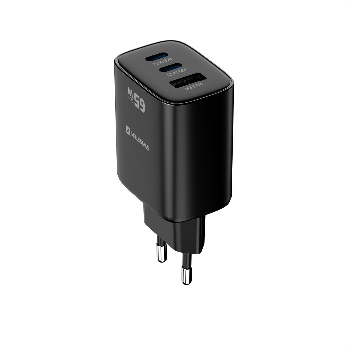 Swissten Edge 65W GaN-Ladegerät mit 2 USB-C-Ports und USB-A – Schwarz