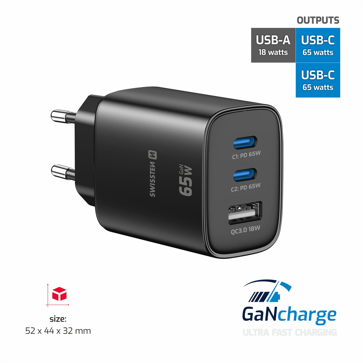 Swissten Edge 65W GaN-Ladegerät mit 2 USB-C-Ports und USB-A – Schwarz