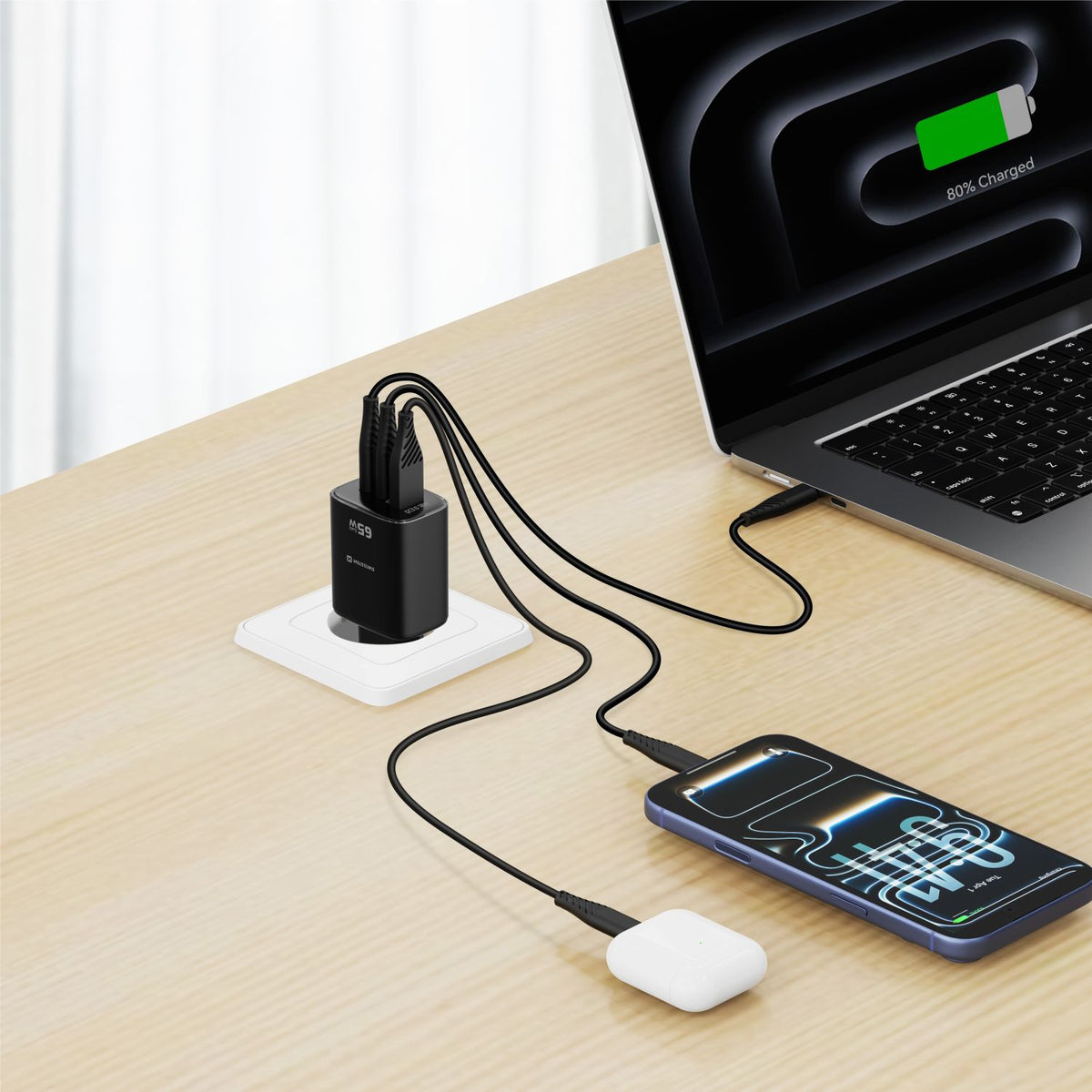 Swissten Edge 65W GaN-Ladegerät mit 2 USB-C-Ports und USB-A – Schwarz