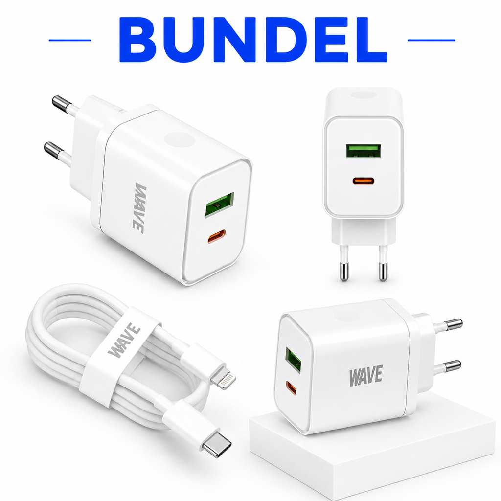 Wave WA-166-10 Travel Fast Charger USB-A & USB-C 20W + USB-C naar Lightning Kabel 1M – Wit
