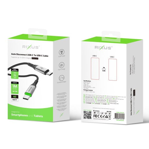 Rixus RXUC22C Auto Disconnect USB-C naar USB-C kabel 1m 60W zwart – productoverzicht
