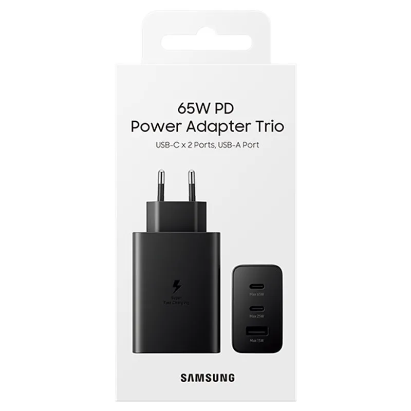 Samsung 65W Power Adapter Trio mit 2 USB-C-Ports und USB-A – Schwarz, Retail