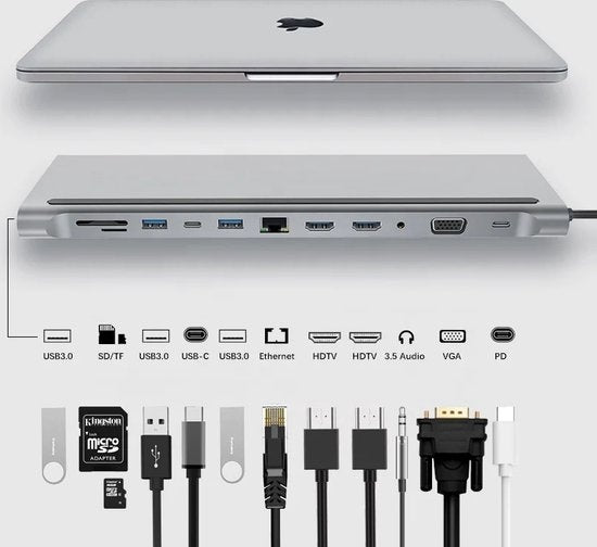 Wave WA-148 12-in-1 USB-C-Dockingstation mit Dual-HDMI - USB-3.0-Hub - 3,5-mm-Klinke - 1000 Mbit/s