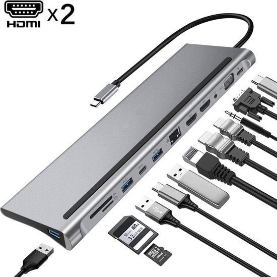 Wave WA-148 12-in-1 USB-C-Dockingstation mit Dual-HDMI - USB-3.0-Hub - 3,5-mm-Klinke - 1000 Mbit/s