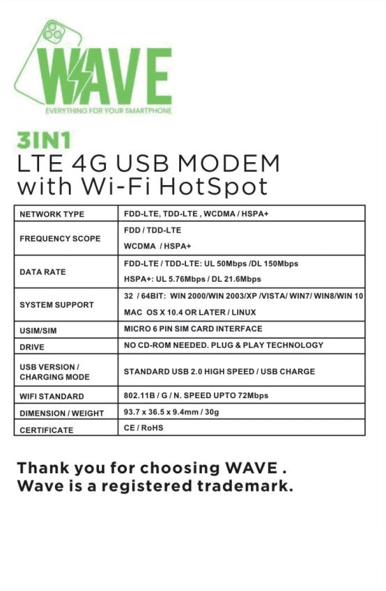 Wave WA-189 LTE 4G USB-Modem mit WLAN-Hotspot