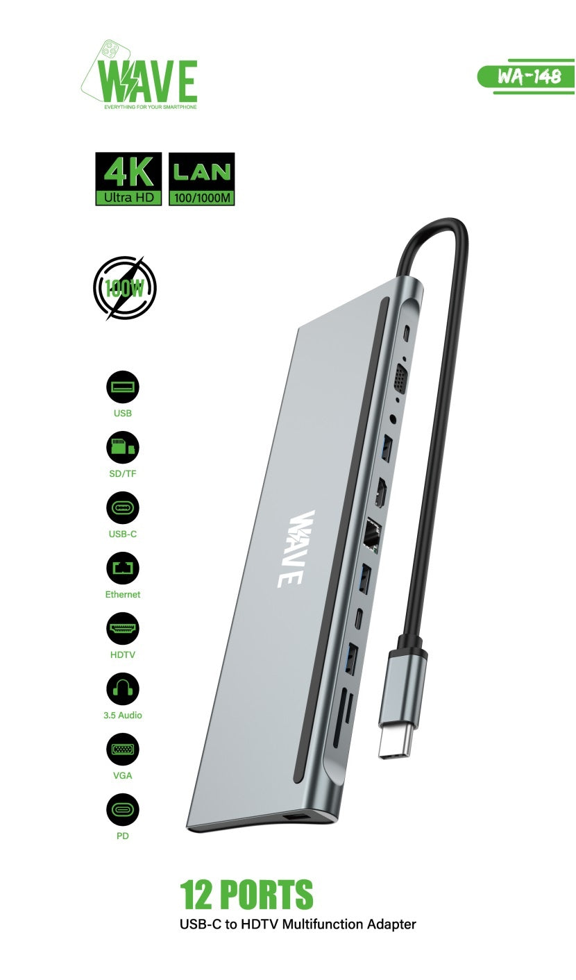 Wave WA-148 12-in-1 USB-C-Dockingstation mit Dual-HDMI - USB-3.0-Hub - 3,5-mm-Klinke - 1000 Mbit/s