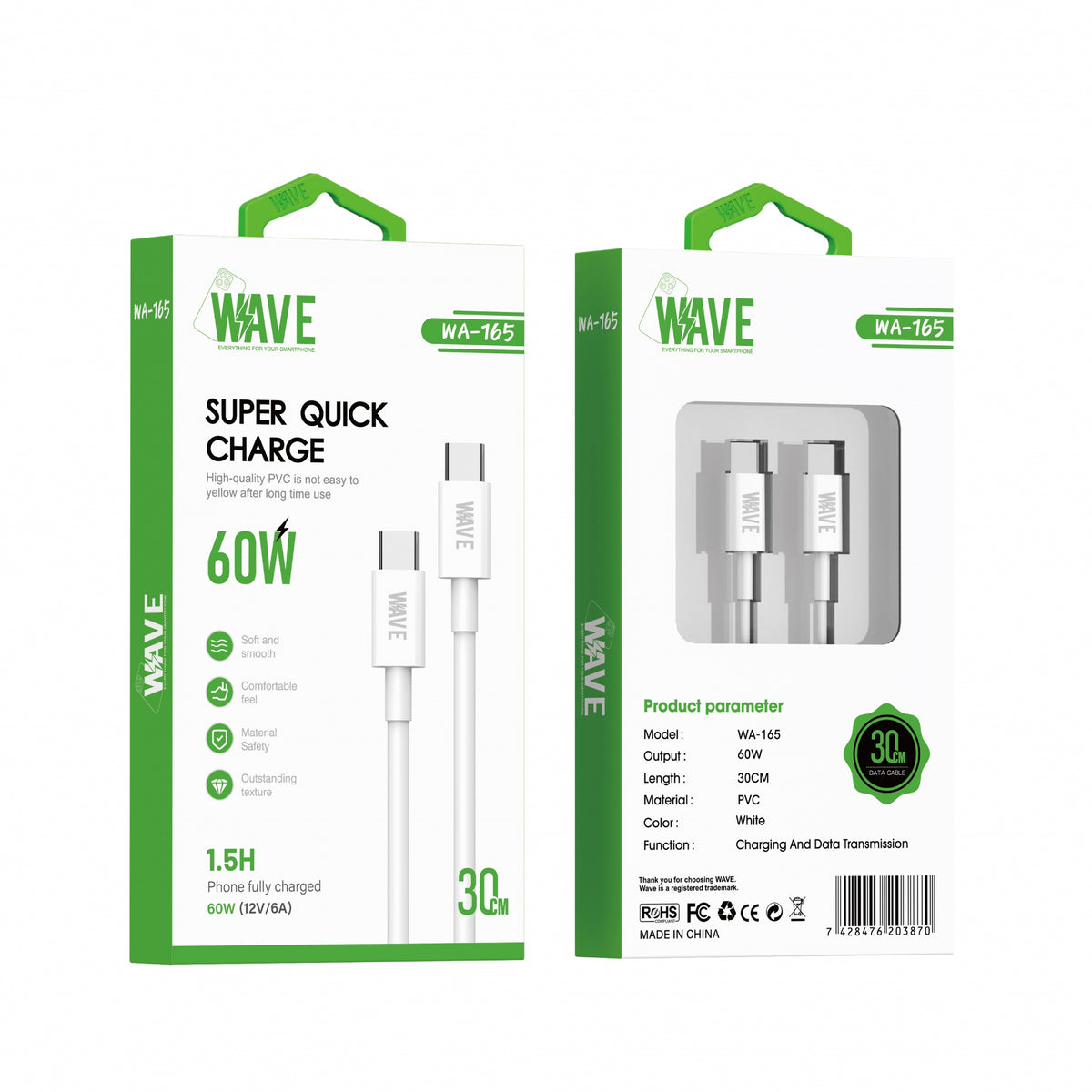 Wave WA-165 USB-C-auf-USB-C-Ladekabel 60 W, 30 cm – Weiß