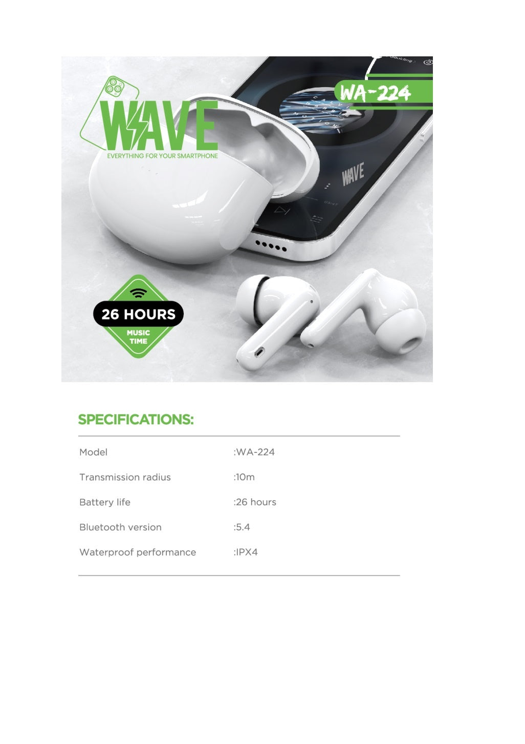 Wave WA-224 Wireless Bluetooth Headset With ANC+ENC Noise (wit)