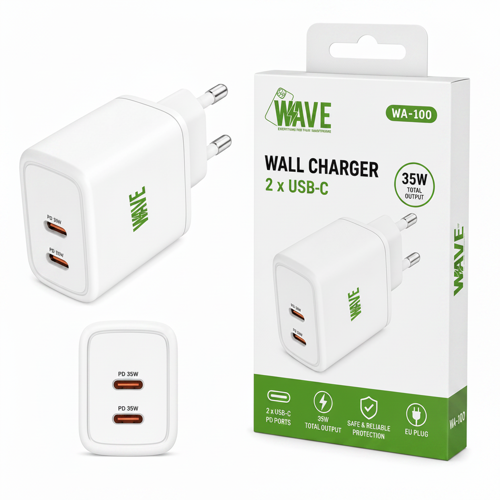 Wave WA-100 Snellader 35W – 2x USB-C PD Wandlader – Wit - Laad Centrum