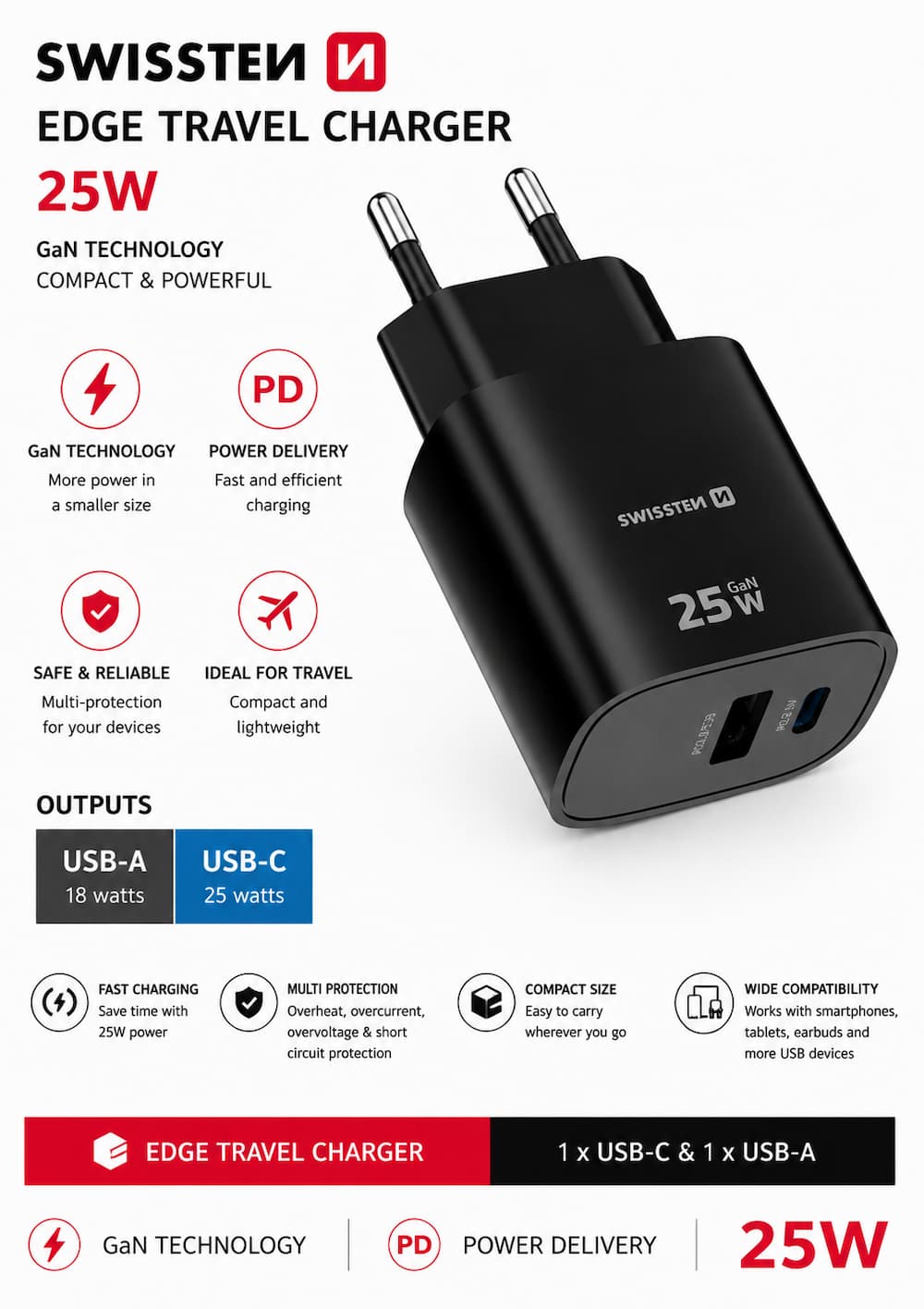 Swissten Edge USB-C + USB-A Travel Charger 25W GaN – Zwart – 22071714