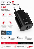 Swissten Edge USB-C + USB-A Travel Charger 25W GaN – Zwart – 22071714