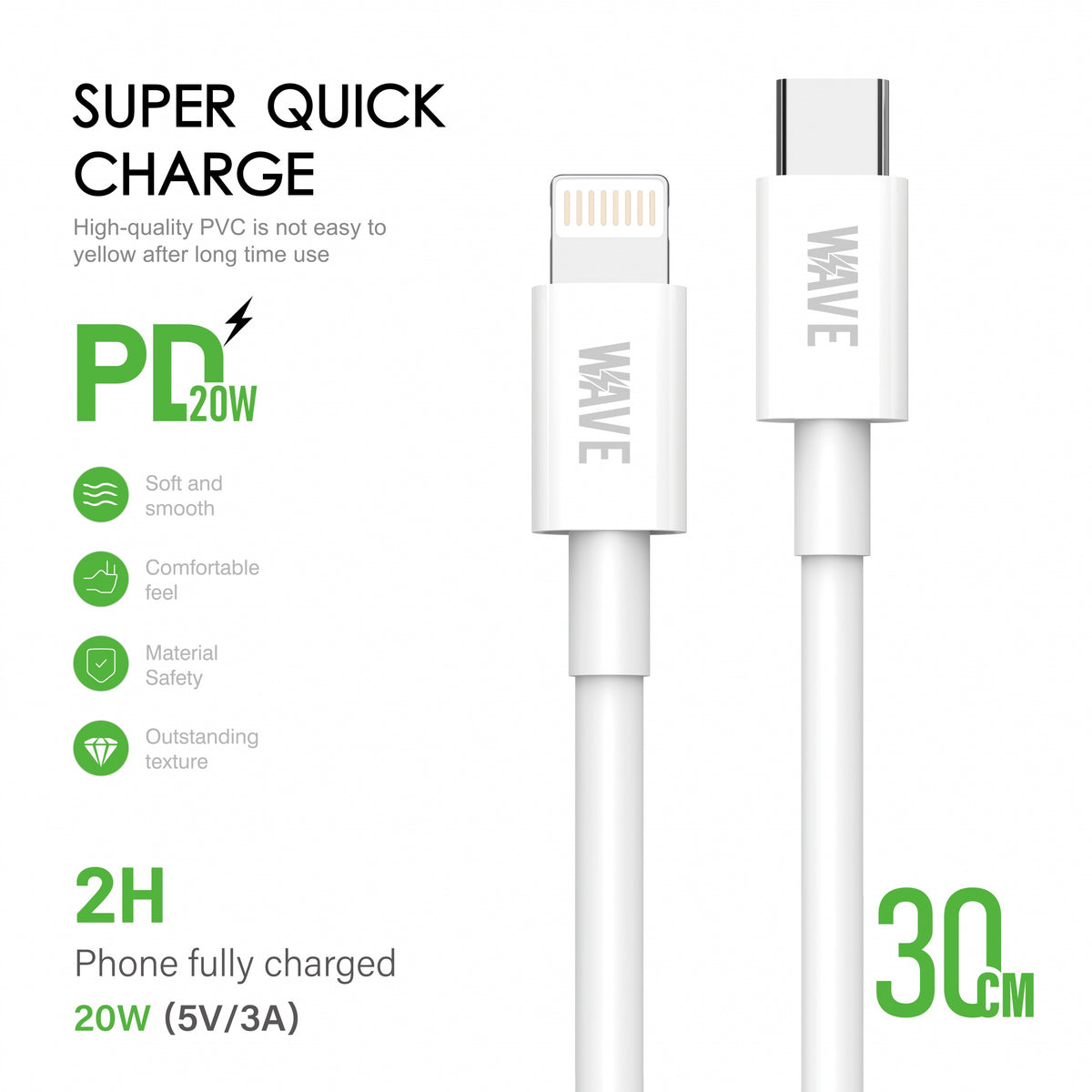 Wave WA-164 USB-C-auf-Lightning-PD-Kabel 20 W, 30 cm – Weiß