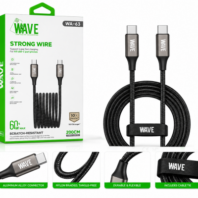 Wave WA-63 USB-C-auf-USB-C-Ladekabel 60 W, 2 m – Schwarz