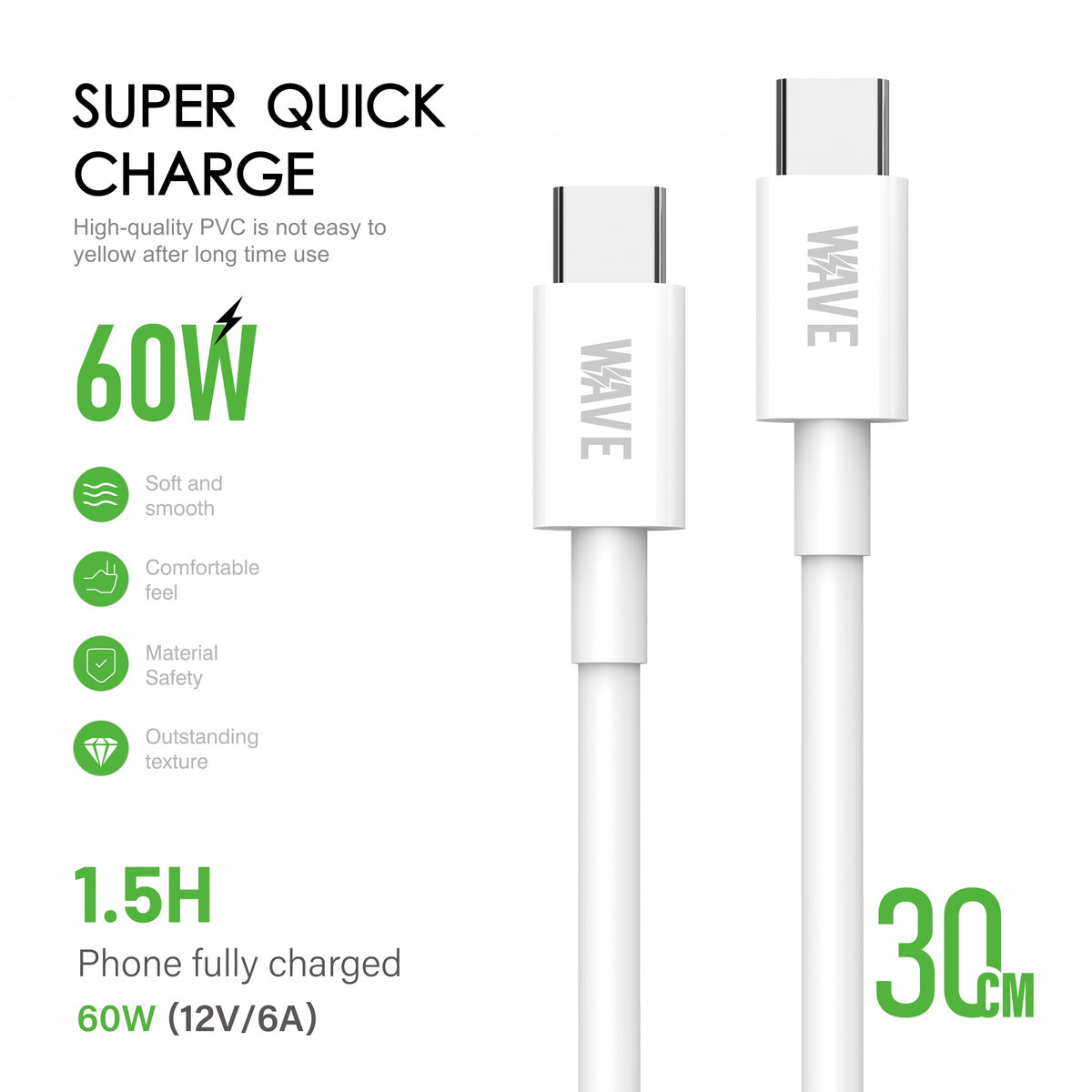 Wave WA-165 USB-C-auf-USB-C-Ladekabel 60 W, 30 cm – Weiß