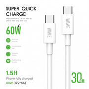 Wave WA-165 USB-C-auf-USB-C-Ladekabel 60 W, 30 cm – Weiß