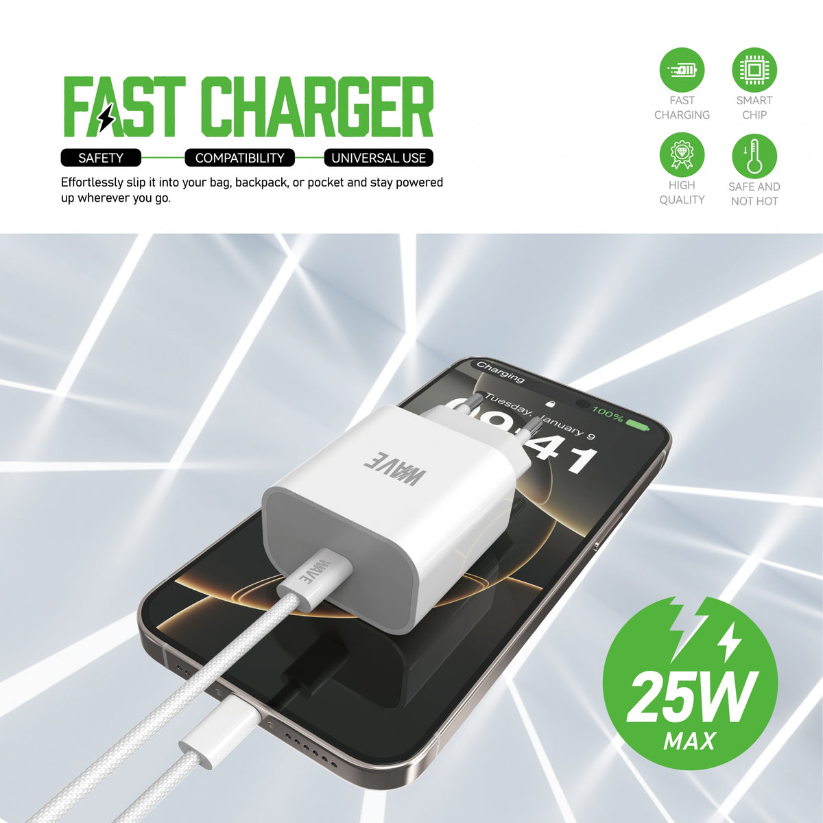 Wave WA-317W-20 USB-C-Ladegerät 25 W mit 1-m-USB-C-Kabel – Weiß