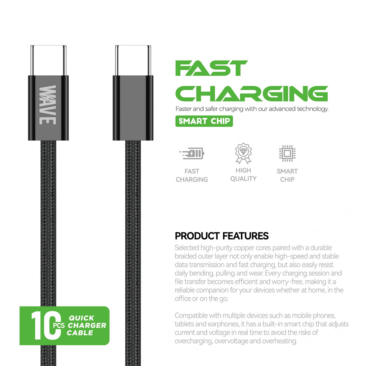 Wave WA-355 USB-C-auf-USB-C-Ladekabel 60 W, 1 m – Schwarz