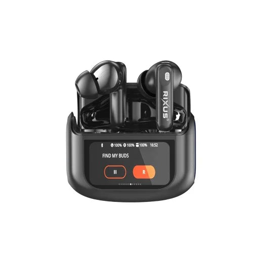 Rixus RXBH63B draadloze oordopjes met touch case pro in zwart, met bedieningselementen op touch case.