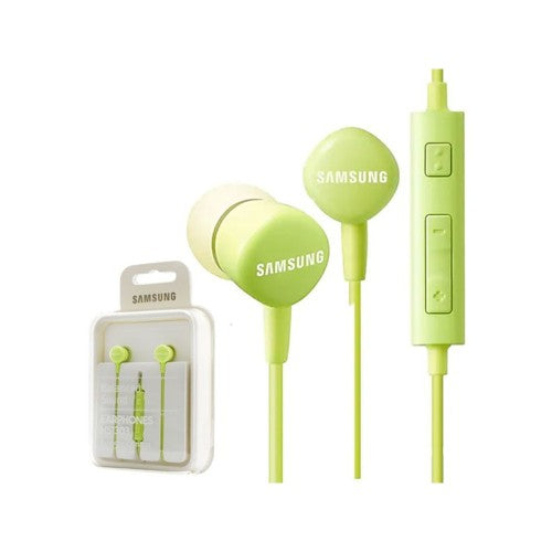 Samsung in-ear oordopjes groen met bedrade bediening en verpakking voor muziek en gesprekken.