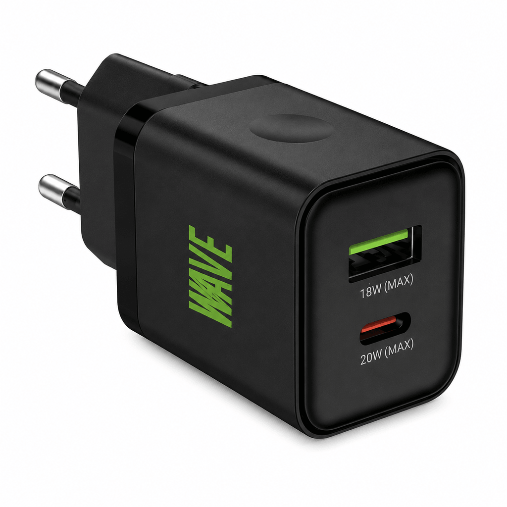 Wave WA-101 Snellader 20W – USB-C PD + USB-A QC 3.0 Wandlader – Zwart - Laad Centrum