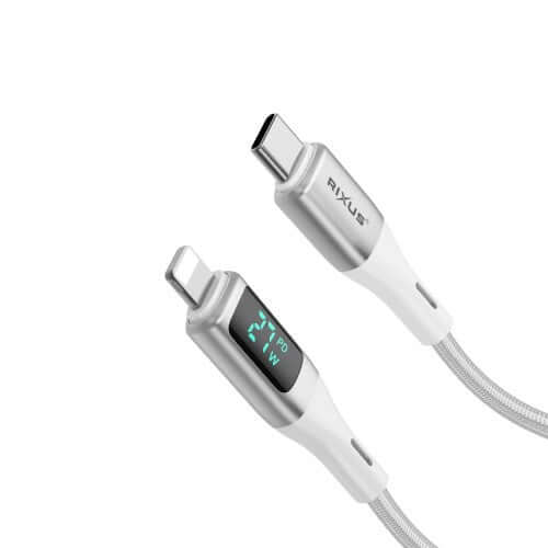 Rixus RXUC29L USB-C naar Lightning kabel met LED display in wit met gevlochten ontwerp