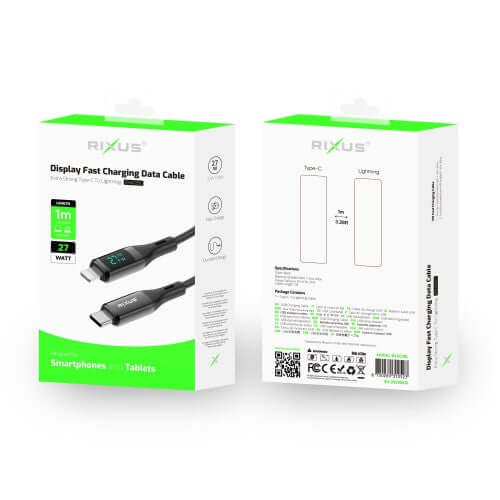 Rixus RXUC28L USB-C naar Lightning kabel met LED display verpakking van 1 meter in zwart.